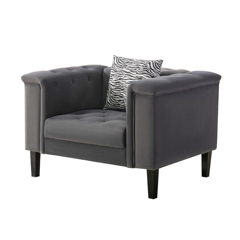 Aki 44 Inch Accent Chair with Pillow, Deep Button Tufted, Gray Velvet-Benzara
