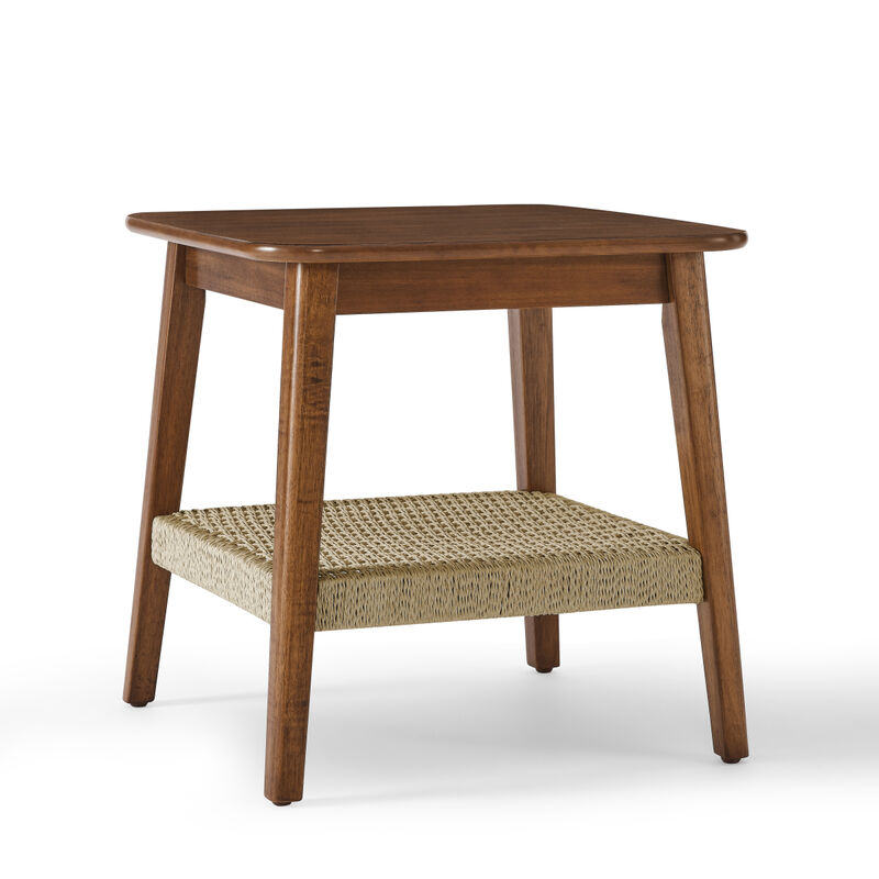 Boho Mid-Century Woven Side Table with Storage