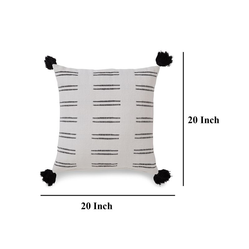 Square Accent Throw Pillow, 20 Inch Dobby Woven White Cotton, Tassels - Benzara