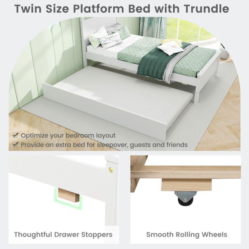 Hivvago Twin Size Wooden Bed Frame with Trundle for Teens and Adults