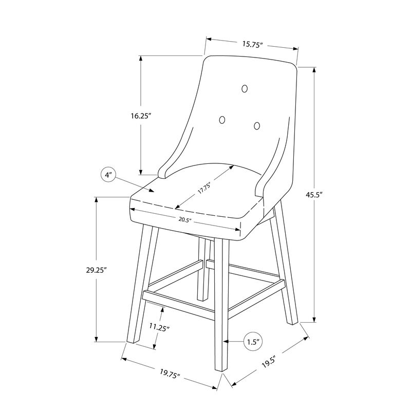 Monarch Specialties I 1243 Bar Stool, Set Of 2, Swivel, Bar Height, Wood, Pu Leather Look, Grey, White, Transitional