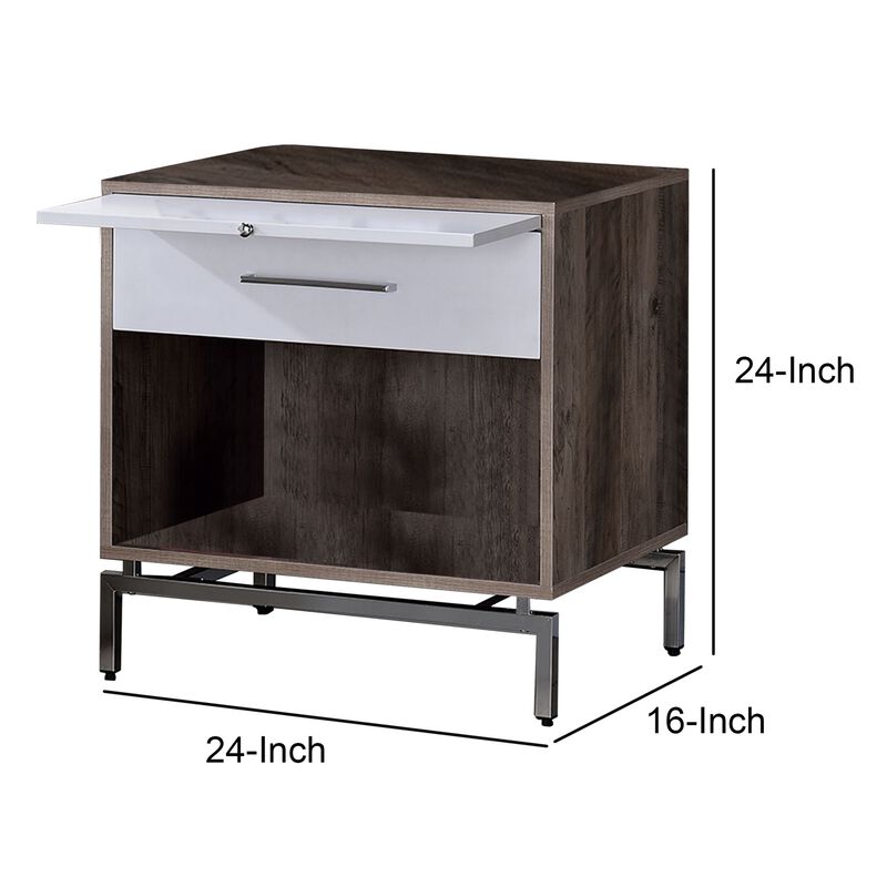 Wooden Accent Table with Open Storage and Pull Out Tray, Brown and White-Benzara