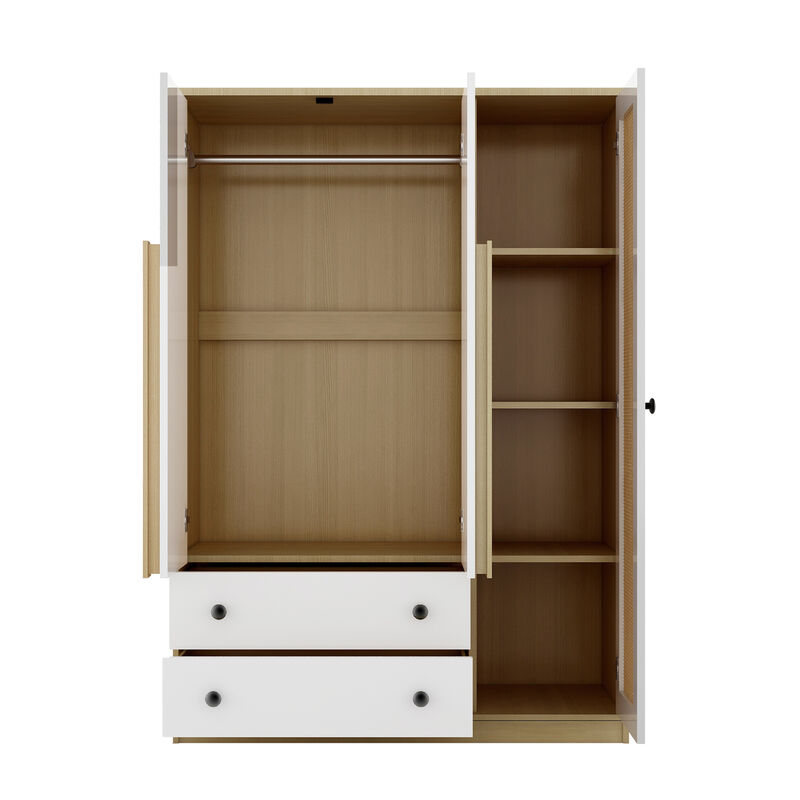 Merax 3-Doors Wooden Rattan Wardrobe with 2 Drawers