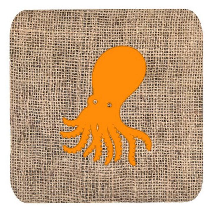 Caroline's Treasures BB1098-BL-OR-FC Octopus Burlap and Orange Foam Coasters (Set of 4), 3.5 H x 3.5 W, Multicolor