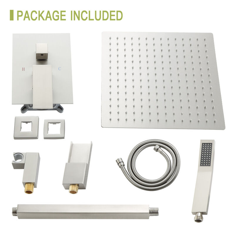 12" Rain Shower Head Systems With Waterfall Tub Spout, Light Brushed Nickel, Ceiling Mounted Shower