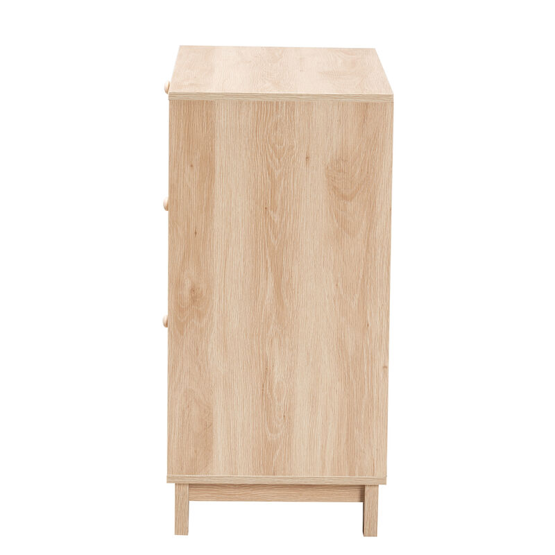 Baxton Studio Elsbeth Japandi Oak Finished Wood and Natural Rattan 3 Drawer Storage Cabinet