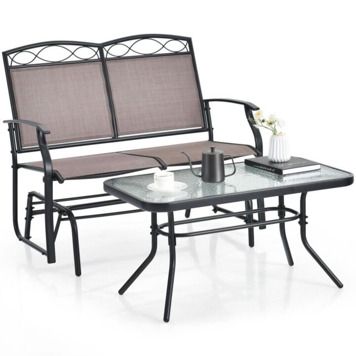 Hivvago Outdoor Gliding Loveseat Chair with Tempered Glass Coffee Table-2 Pieces