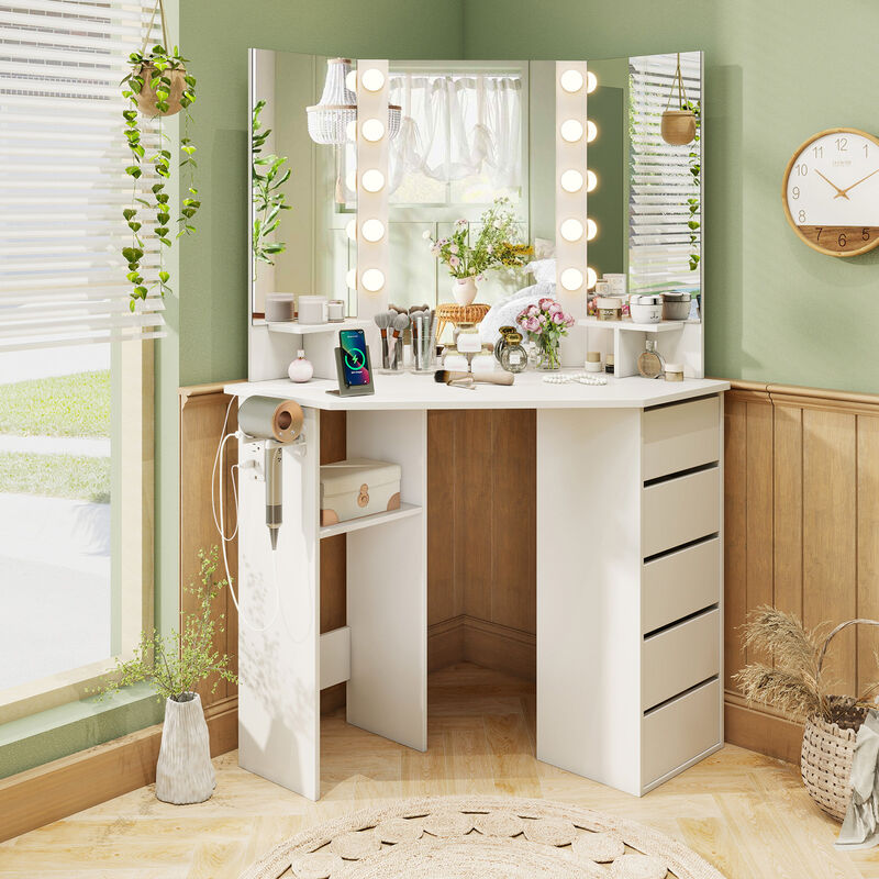 Corner Vanity Desk with 3-Color LED Lighted Mirror and Power Outlet