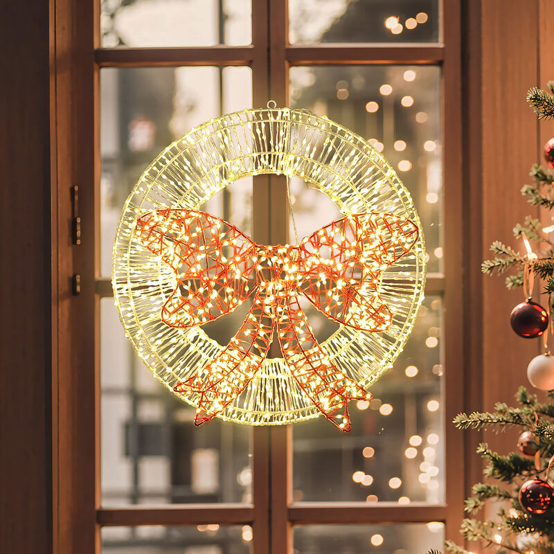LuxenHome 1.6Ft Round Light Wreath and Red Light Bow Holiday Decoration with Timer