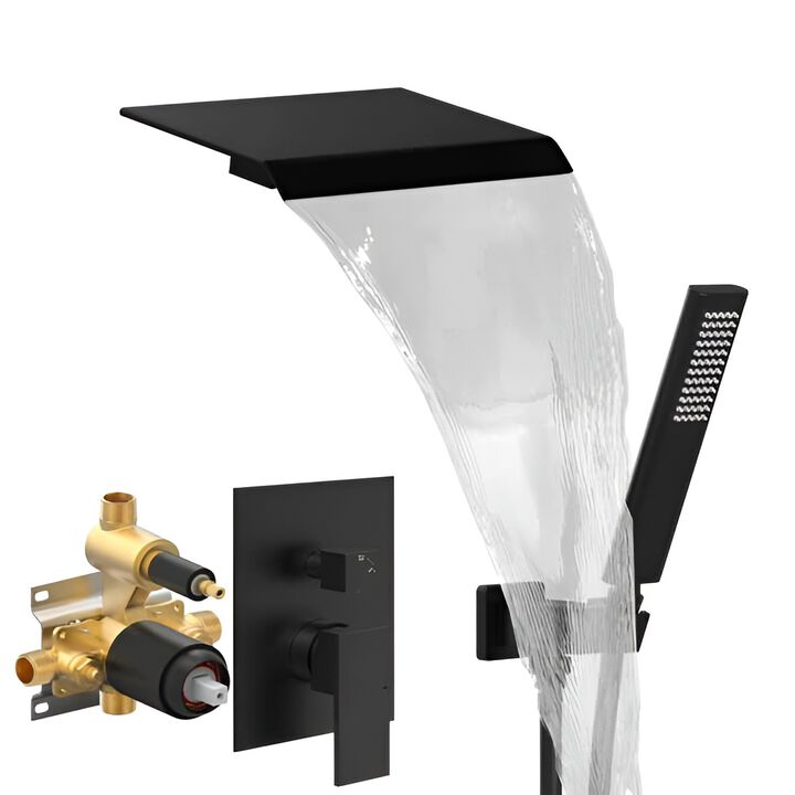 Wall Mount Tub Faucet with Handheld Shower, Waterfall Spout & Brass Valve
