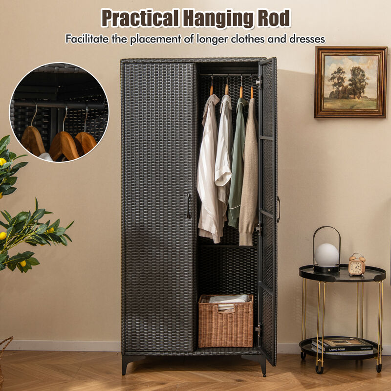 62 Inch Wicker Wardrobe with 2 Doors PE Rattan Closet with Hanging Rod