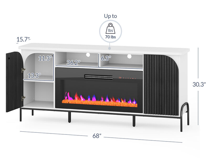 BELLEZE 68 Inch Fluted TV Stands with 36" Electric Fireplace, Modern Fluted Entertainment Center with Open Storage Shelves& Cabinets, Media Console TV Cabinet For Living Room Bedroom (White)