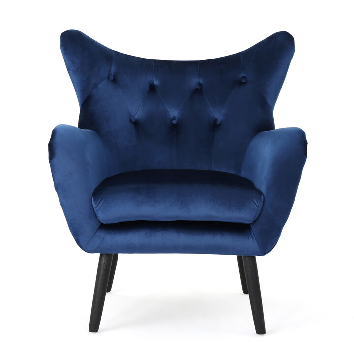 Siyan Accent Armchair, Navy Blue Velvet, Tufted Wingback, Black Wood Legs - Benzara