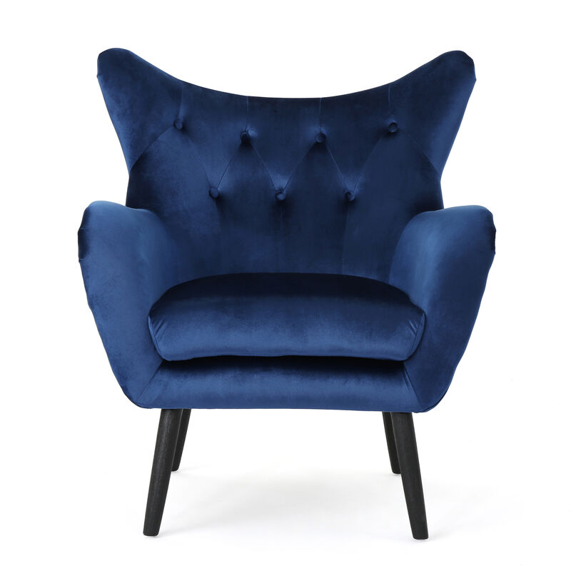 Siyan Accent Armchair, Navy Blue Velvet, Tufted Wingback, Black Wood Legs - Benzara