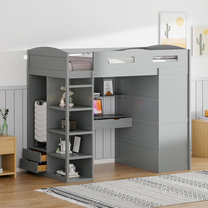 Merax Classical Loft Bed with Desk and Wardrobes