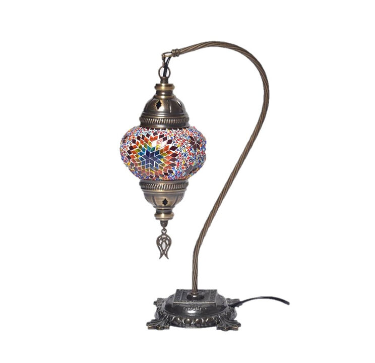 18 in. Handmade Swan Neck Multicolor Star Mosaic Glass Table Lamp with Brass Color Metal Base