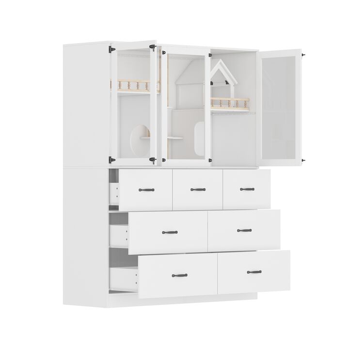 FUFU&GAGA MDF Cat Cabinet with 7 Spacious Drawers, Metal Handles & Lock – Cable Management, Cat Hole, (55" x 19.7" x 70.9"), White