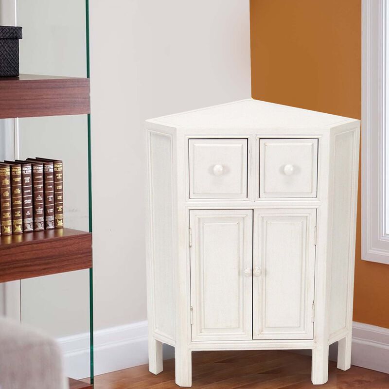 Wooden Corner Cabinet with 2 Drawers and 2 Doors, White - Benzara