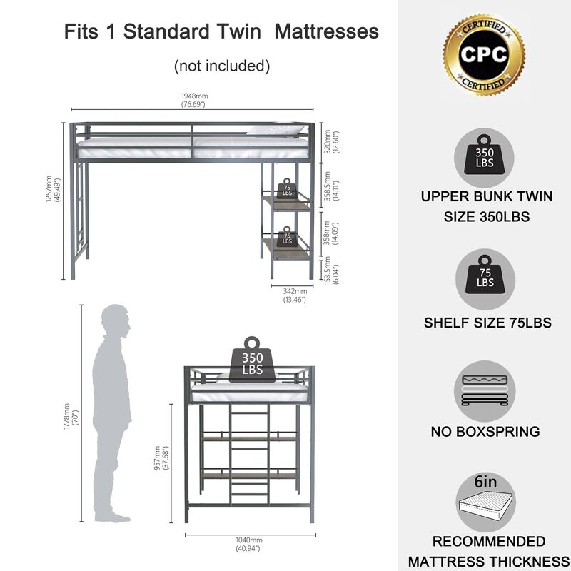 Junior Twin Loft Metal Bunk Bed Frame with Cinnamon Wood Shelf, Full-Length Guardrails, Anti-Noise Design, Easy Assembly, Black