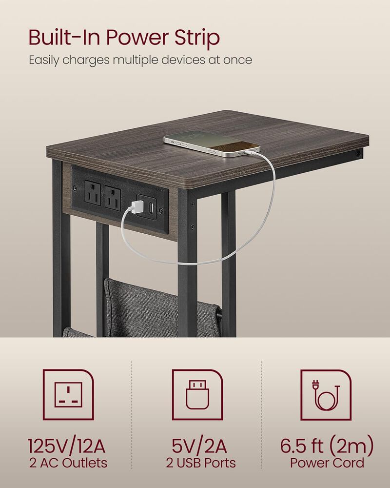 C-Shaped Side Table, End Table with Charging Station, 2 USB Ports and Outlets