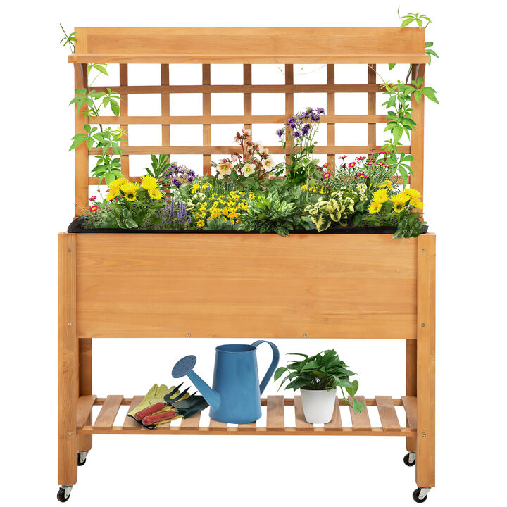 Outdoor Wooden Elevated Growing Plant Bed w/ Shelves for Tool Storage & Wheels