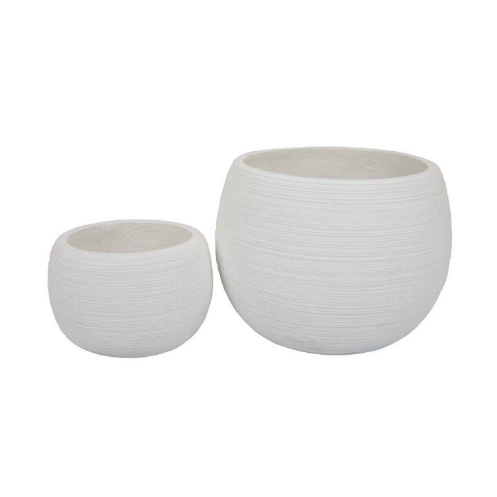 Line 10 Inch Planter Set of 2, Round Resin Body, Carved White Finish - Benzara