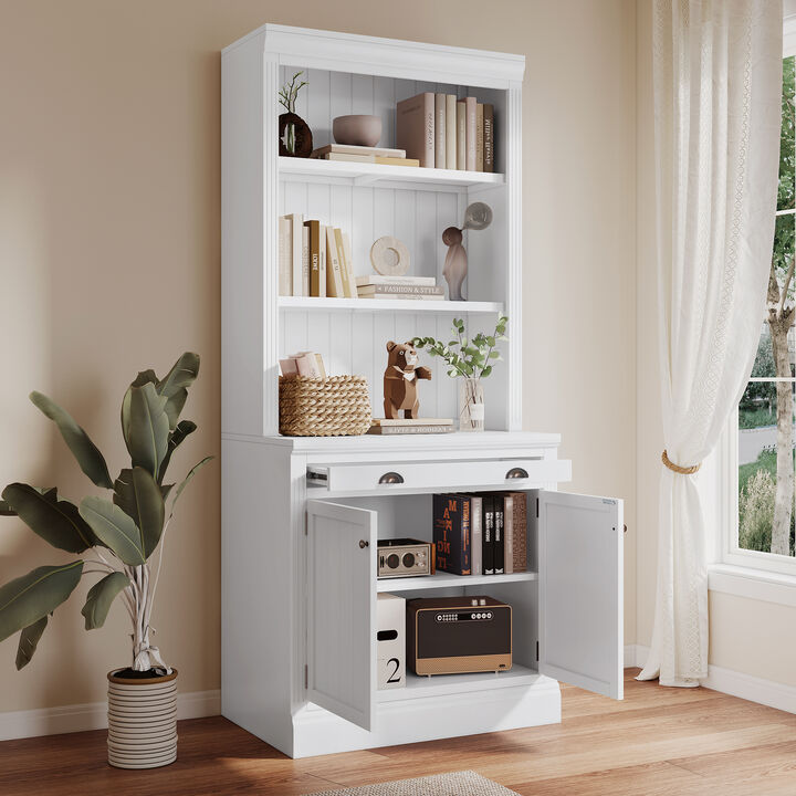 Merax 83.4"Tall Bookshelf with LED Lighting, Modern Bookcase with 2 Doors and 1 Drawer,Storage Bookcase with Open Shelves