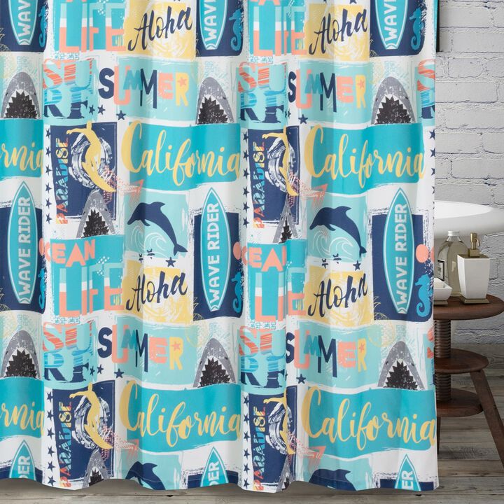 Greenland Home Fashion Bathroom Fabric Curtains Waterproof Wave Riders Rainbow Wave Rider Shower Curtain - Blue 72x72"