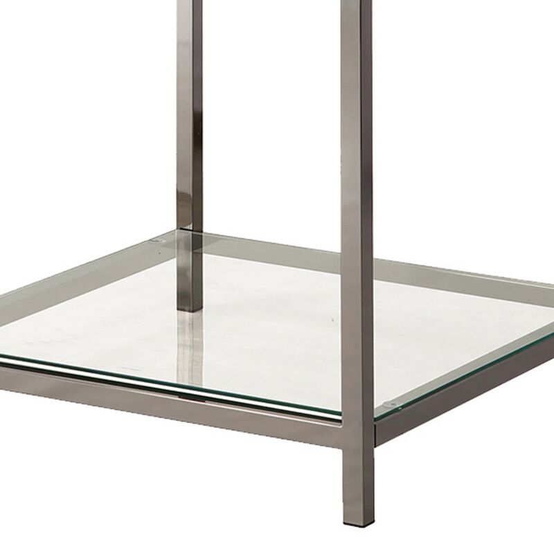 Glass Top End Table with Metal Frame and Open Shelf, Nickel-Benzara