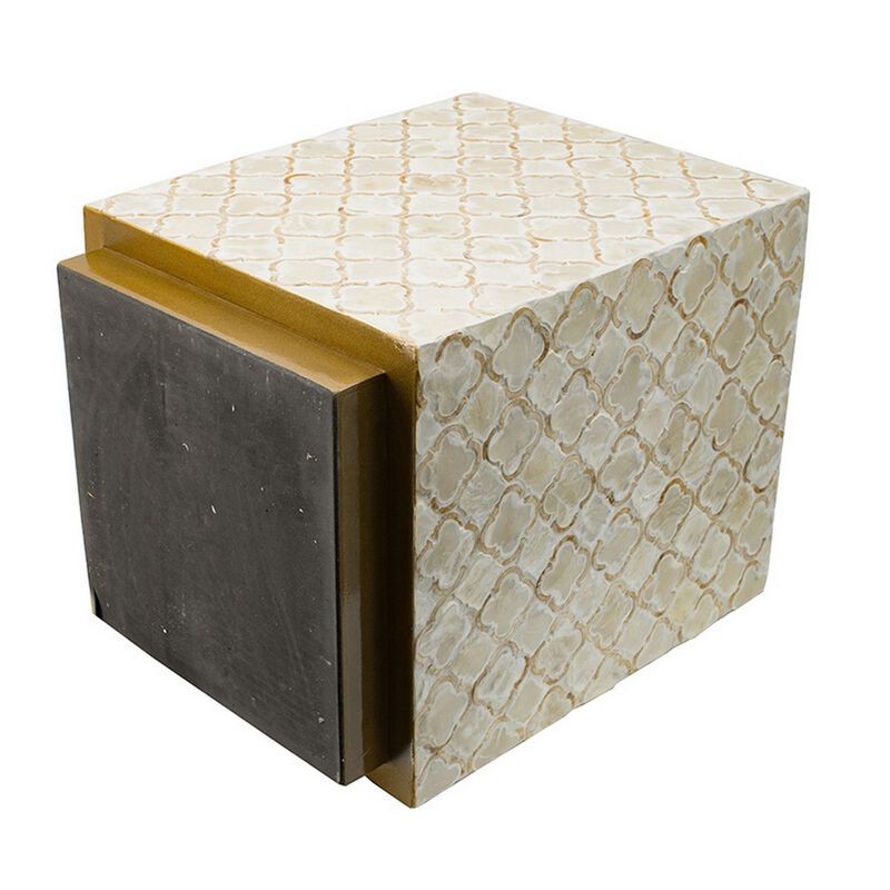 18 Inch Accent Side End Table Stool, Square, Cream Capiz, Gold Base - Benzara