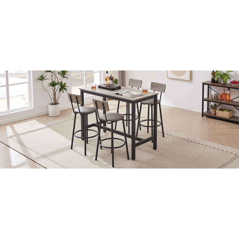 Bar Table Set With 4 Bar Stools PU Soft Seat With Backrest, Grey, 47.24" L X 23.62" W X 35.43"