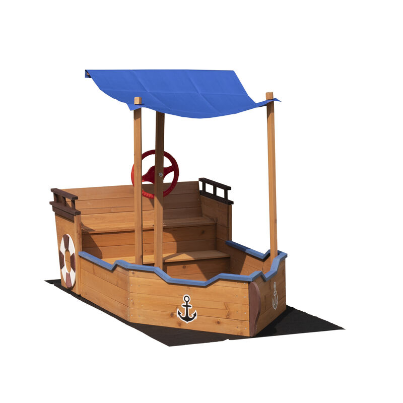 Wooden Pirate Ship Sandbox with Storage Bench & Cover
