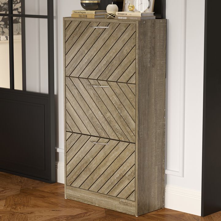 Natural Color 18-Pair Shoe Storage Cabinet with 3-Drawers and 6-Compartments and Wood Grain