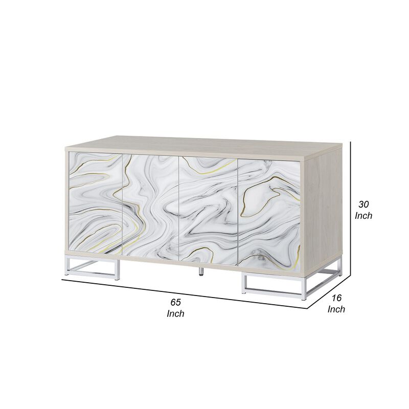 Anok Sideboard Console Cabinet, White Marble Look, Chrome, 65 Inch - Benzara