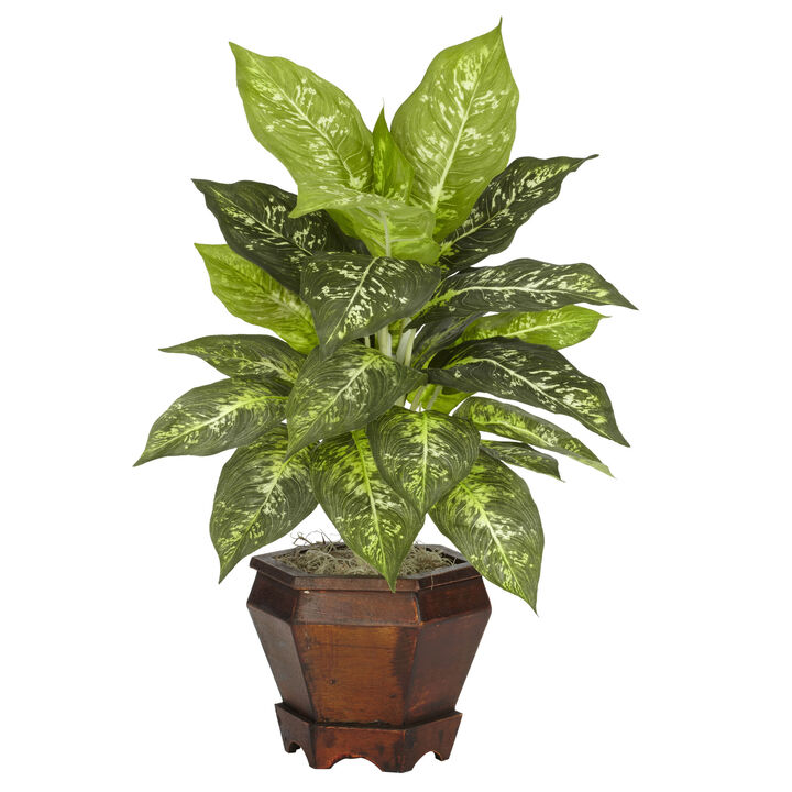 Hivvago Dieffenbachia w/Wood Vase Silk Plant (Set of 2) - Variegated