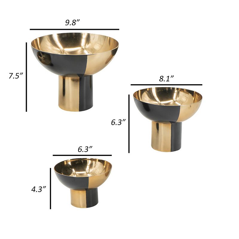 Set of 3 Round Bowls, Black and Gold Aluminum Finish, Sturdy Metal Stand - Benzara