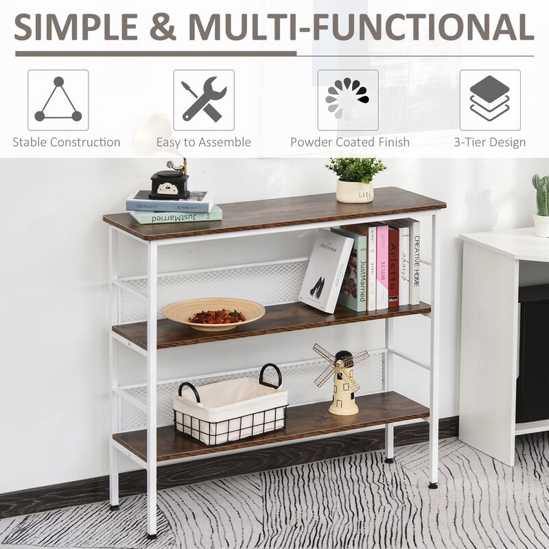 White Modern Console: 3-Tier Metal & Wood Table with Adjustable Feet