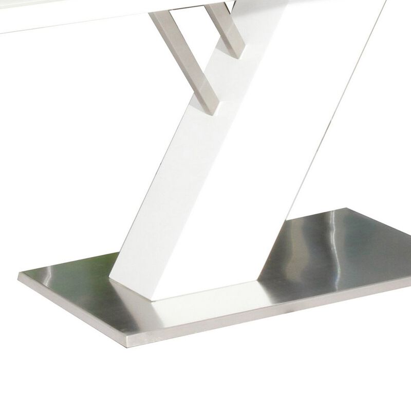63 Inch Dining Table, Modern White Lacquered Rectangular Top, Steel Base - Benzara