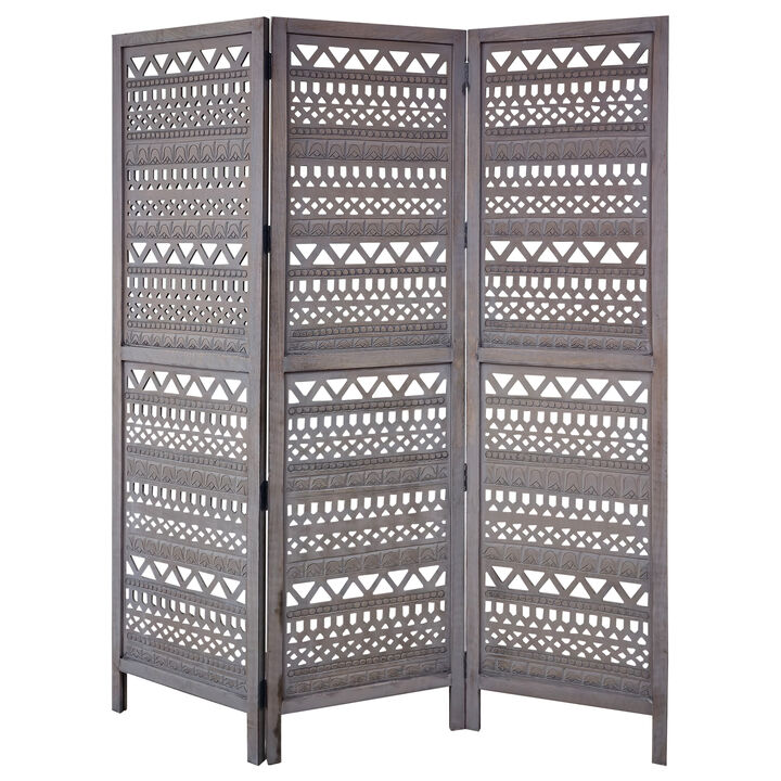 Karma 3 Panel Folding Room Divider Screen, Antique Gray Mango Wood, Inticate Cut out Geometric Design