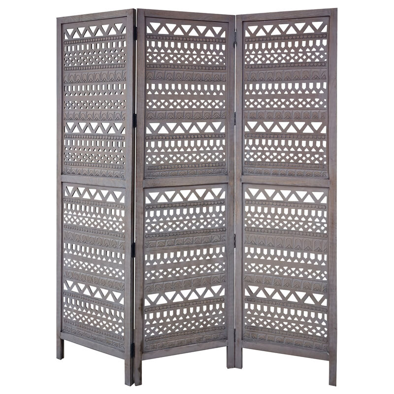 Karma 3 Panel Folding Room Divider Screen, Antique Gray Mango Wood, Inticate Cut out Geometric Design