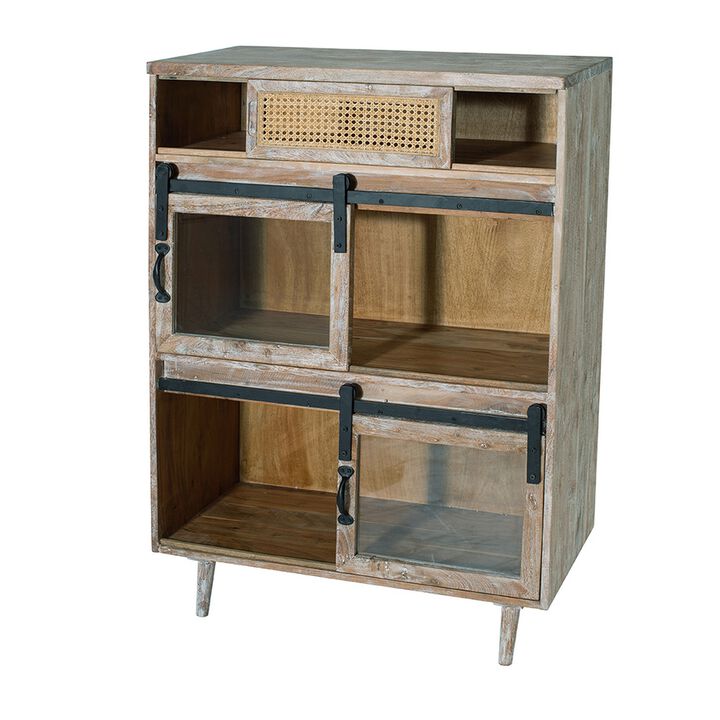 47 Inch Sideboard Server Cabinet, Sliding Doors, Iron, Sandblast White Wood - Benzara