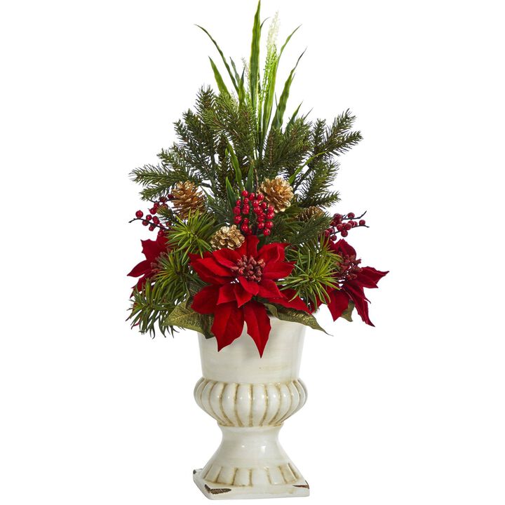 Nearly Natural 28-in Poinsettia, Grass and Succulent Arrangement in White Urn