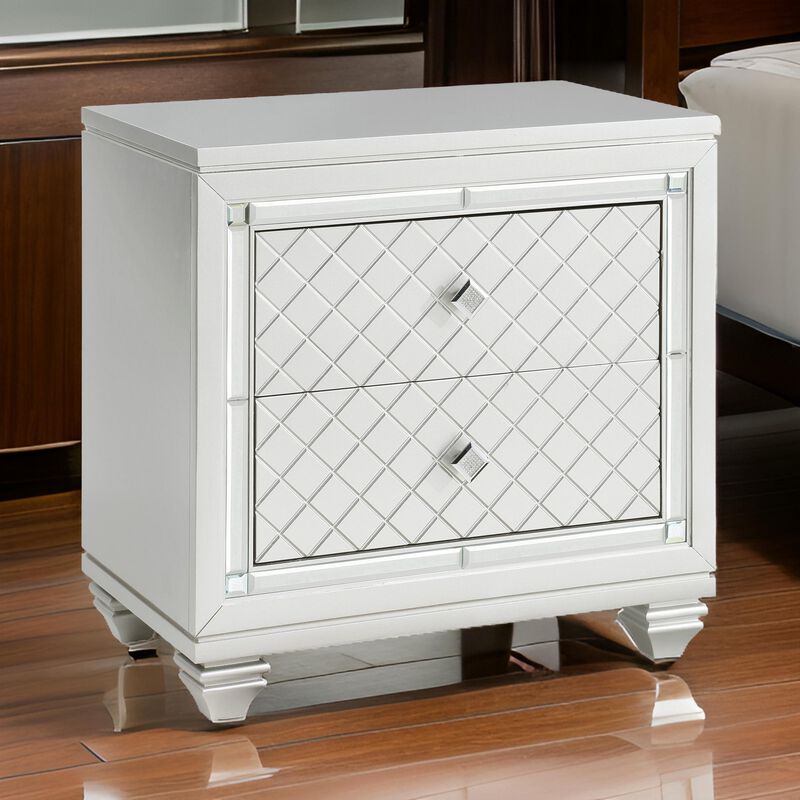 Piros 29 Inch 2 Drawer Nightstand, Diamond Pattern, Mirrored Frame, Silver-Benzara