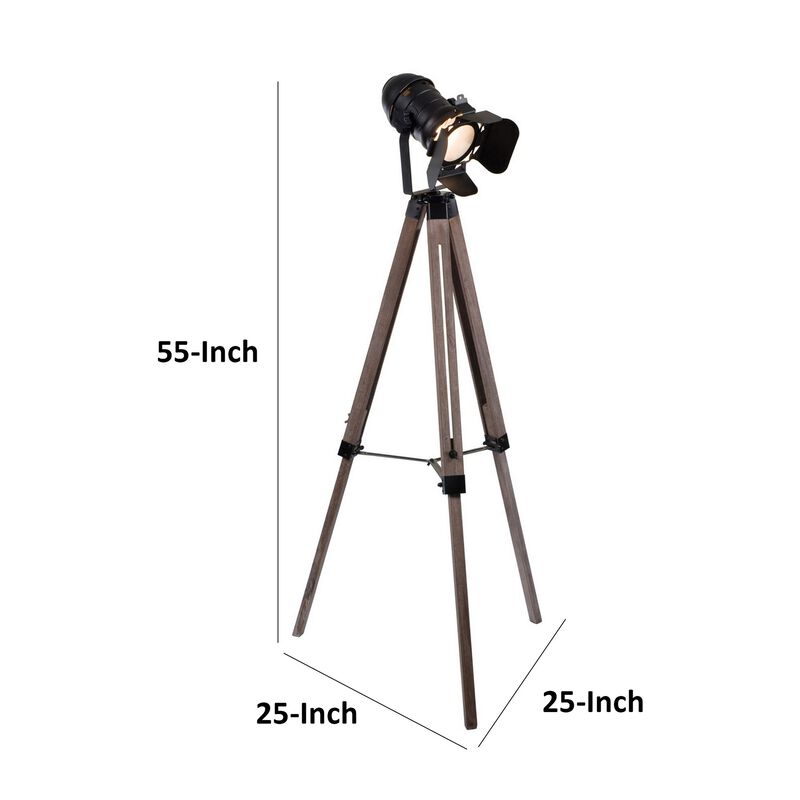 55 Inch Floor Lamp with Tripod Style Wood Frame, Spotlight, Brown and Black - Benzara
