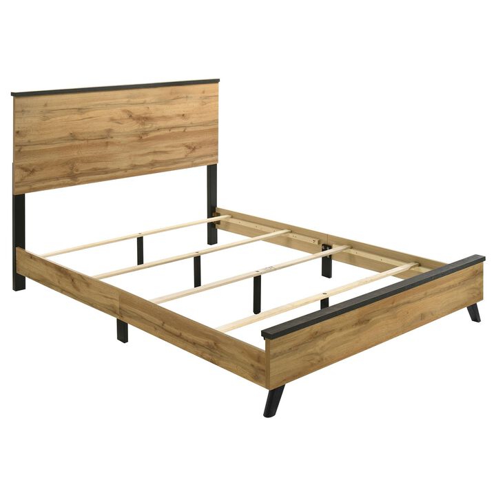 Wemy Queen Size Bed, Tall Panel Headboard, Natural Brown Pine Finish - Benzara