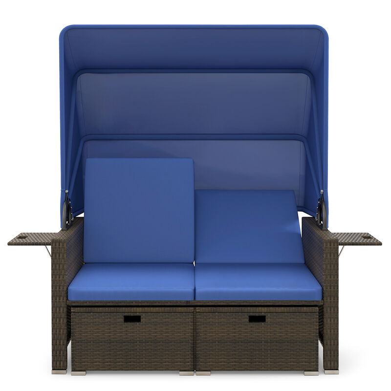 Outdoor Patio Rattan Daybed with Retractable Canopy and Adjustable Backrests