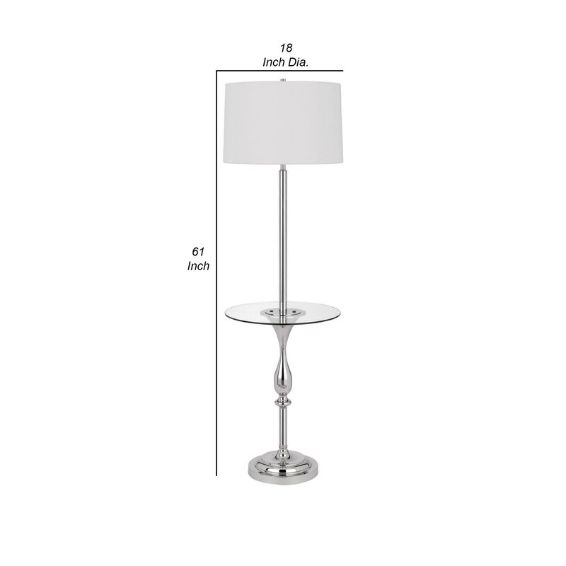 Ava 61 Inch Modern Floor Lamp, Glass Tray Table, 1 USB Port, Glossy, Chrome-Benzara