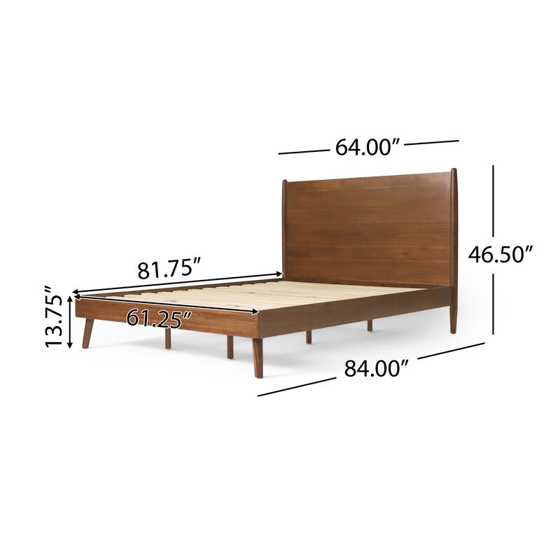 Ozzy Queen Size Bed, Panel Headboard Design, Rich Brown Acacia Wood - Benzara