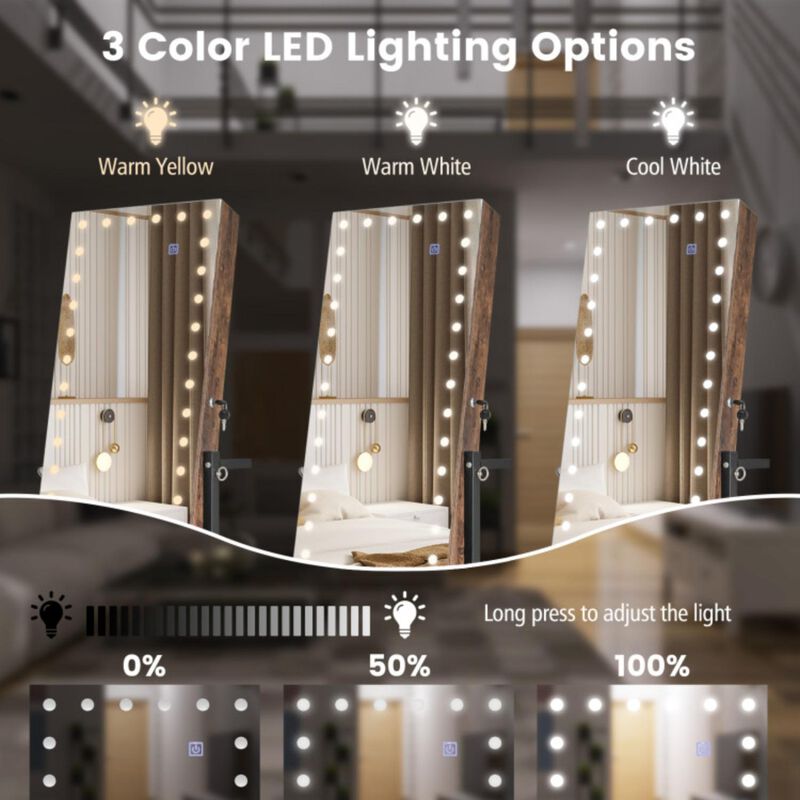 Hivvago 3-Color 46 LED Lights Mirror Jewelry Cabinet Armoire Adjustable Height with Wheels
