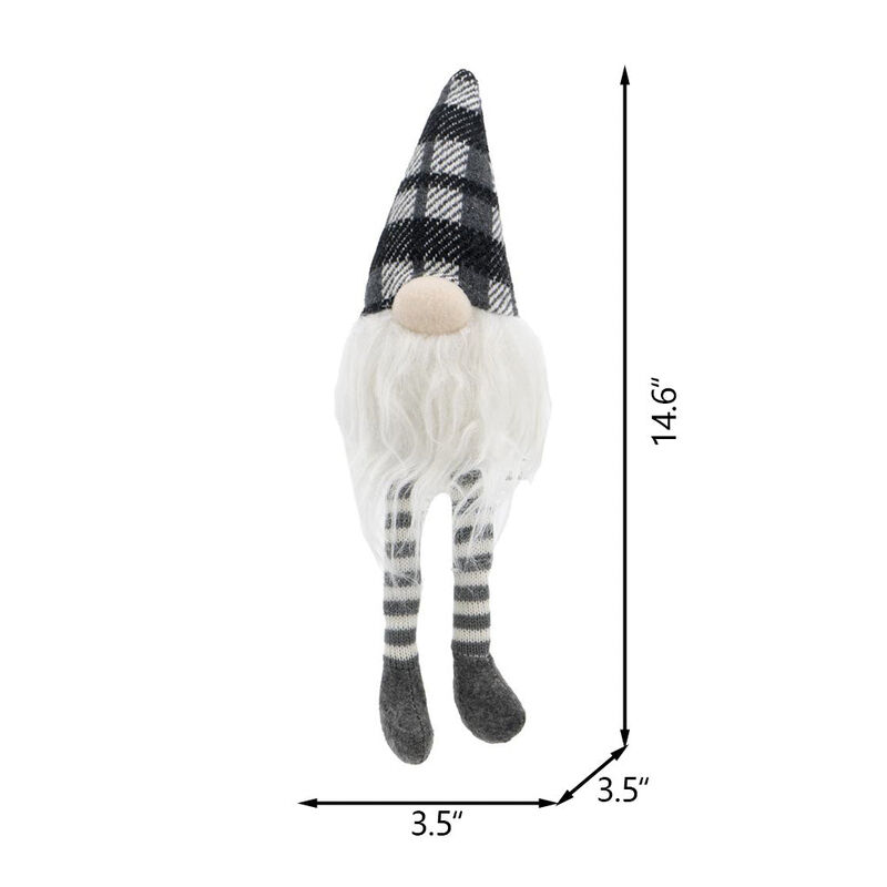 Fabric Gnome Decorations, 3-Piece Sitting Set with Gray Plaid Hats, Christmas Table Decor, White + Gray